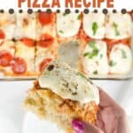 Picture of a single slice of focaccia bread pizza, text reads focaccia bread pizza with your choice of toppings, www.seasonedsprinkles.com