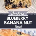 2 images of blueberry banana nut bread, text reads the best blueberry banana nut bread seasonedsprinkles.com