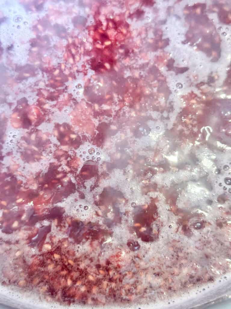 Red raspberries after breaking apart as part of raspberry simple syrup.