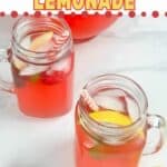 A photo of two glasses of raspberry lemonade and a pitcher of raspberry lemonade set inside text that reads raspberry lemonade seasonedsprinkles.com