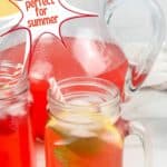 Image of raspberry lemonade in a pitcher and two glasses. Text reads: raspberry lemonade, perfect for summer, www.seasonedsprinkles.com