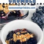 Serving of blueberry crumble in a white bowl. Text reads blueberry crumble seasonedsprinkles.com