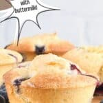 Buttermilk blueberry muffins on a wooden cutting board. Text reads: blueberry muffins with buttermilk, www.seasonedsprinkles.com
