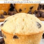 Buttermilk chocolate chip muffin on a plate with additional muffins in back. Text reads chocolate chip muffins seasonedsprinkles.com