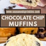Top image shows hand holding half of a chocolate chip muffin, bottom image shows a chocolate chip muffin on a plate. Text reads www.seasonedsprinkles.com, chocolate chip muffins