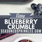 Image of blueberry crumble from the oven and a serving of it on the bottom panel. Text reads easy blueberry crumble seasonedsprinkles.com