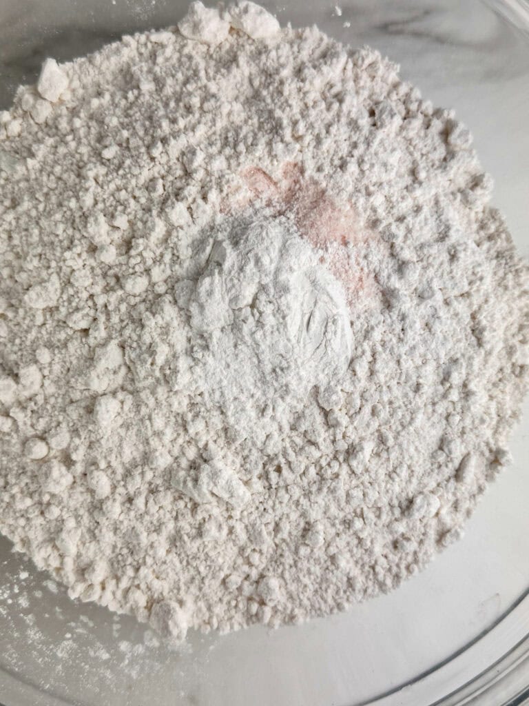 Bowl of flour, baking powder, and salt.