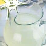 Image of a pitcher of homemade lemonade with a lemon and glass in the foreground. Text reads homemade lemonade, perfect for summer, www.seasonedsprinkles.com
