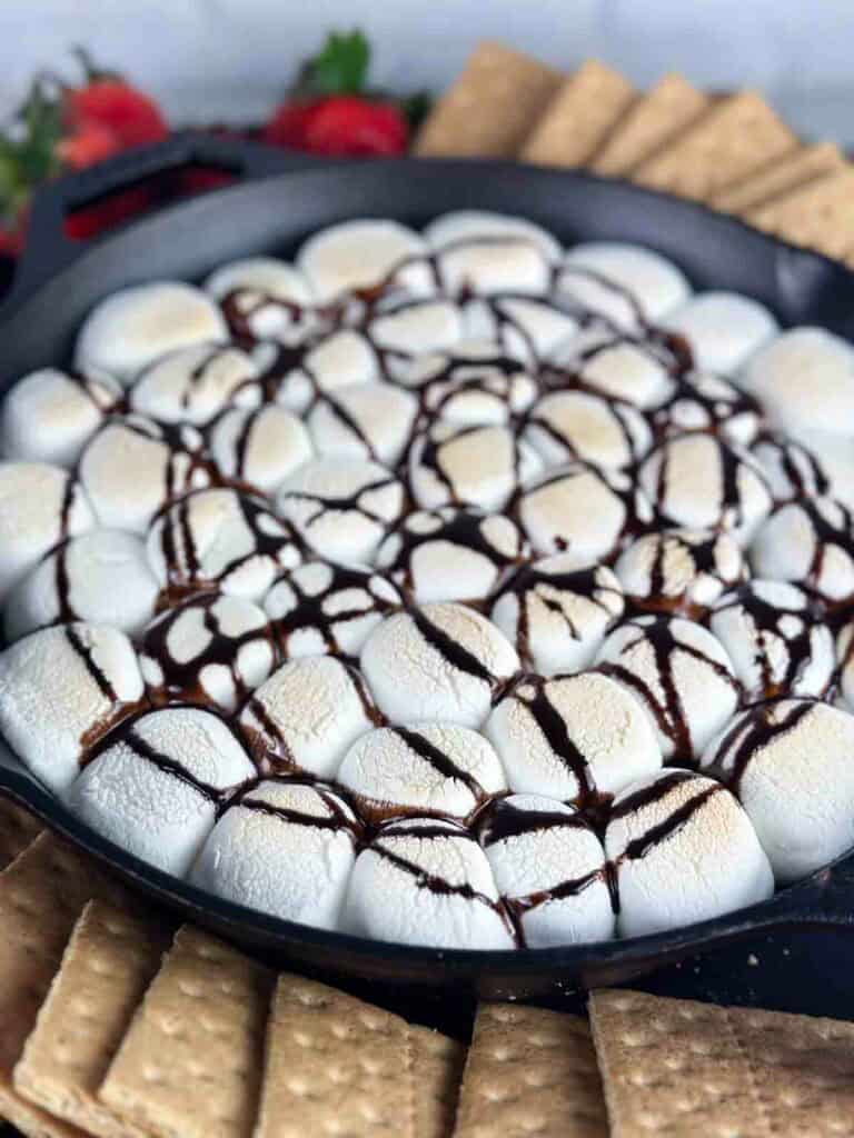 Nutella smores dip with strawberries and graham crackers in a cast iron skillet.