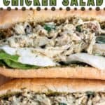 Image of two pesto chicken salad sandwiches. Text reads pesto chicken salad, seasonedsprinkles.com