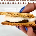 Image of a baked smore being held in front of a neutral background. Text reads: sheet pan smores in the oven, seasonedsprinkles.com