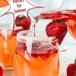 a photo of two glasses of strawberry sangria and a pitcher of strawberry sangria set into a decorative text box reading strawberry sangria seasonedsprinkles.com