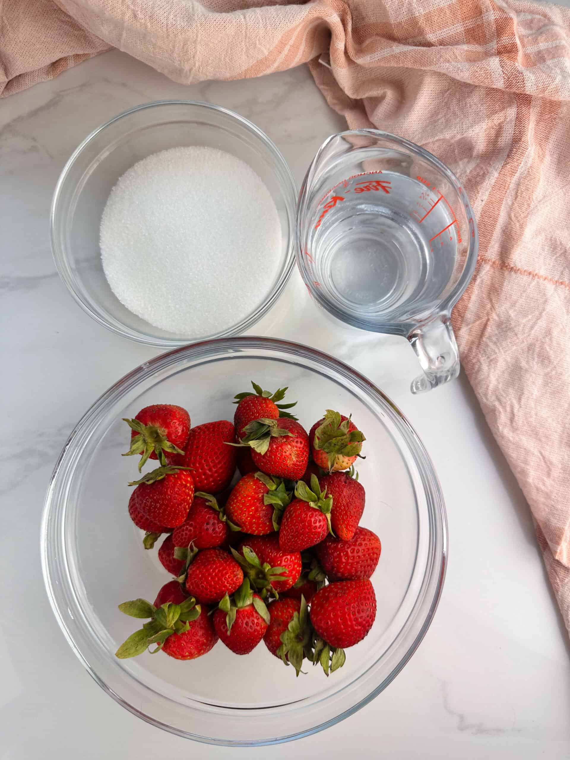 Ingredients for Strawberry Simple Syrup: Strawberries, Granulated Sugar, Water