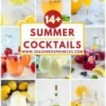 9 different images collaged around a decorative text box reading 14 + summer cocktails www.seasonedsprinkles.com