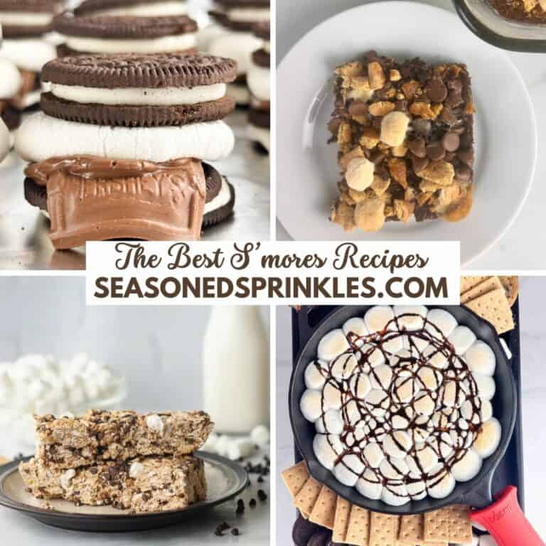 A collage of 4 photos of s'mores dessert recipes photo of oreo s'mores, s'mores brownies, s'mores granola bars, and s'mores dip set into a text box that reads the best s'mores recipes seasonedsprinkles.com