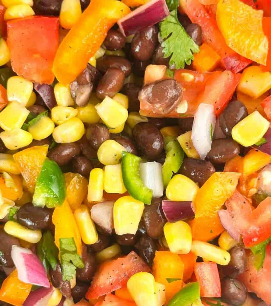 a close up showing Black Bean and Corn Salsa Recipe