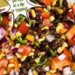 a photo of black bean and corn salsa with a decorative text box reading black bean corn salsa perfect as a dip or topping seasonedsprinkles.com