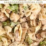 a photo of chicken caesar pasta salad in a text box that reads chicken caesar pasta salad seasonedsprinkles.com