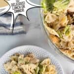 a photo of chicken caesar pasta salad in a text box that reads chicken caesar pasta salad seasonedsprinkles.com so delicious lunch or dinner