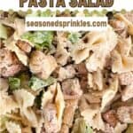a photo of chicken caesar pasta salad in a text box that reads chicken caesar pasta salad seasonedsprinkles.com