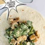 Ready to wrap chicken caesar wrap. Text reads: chicken caesar wrap, so delicious, lunch or dinner, www.seasonedsprinkles.com