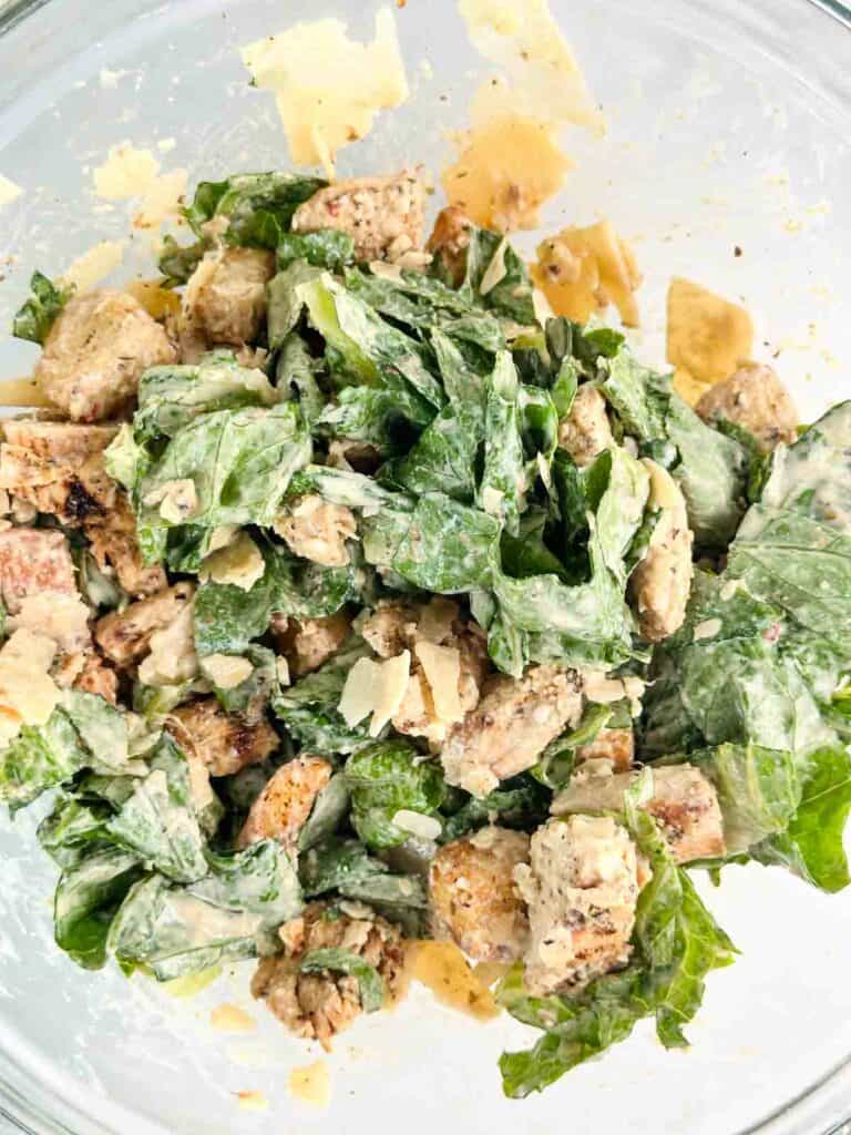 Bowl of chicken caesar salad mixed together.