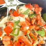 Grilled chicken bruschetta in a skillet. Text reads: chicken bruschetta, grilled to perfection, www.seasonedsprinkles.com