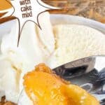 Peach cobbler served with vanilla ice cream. Text reads: peach cobbler with cake mix, www.seasonedsprinkles.com.