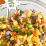 Peach salsa in a bowl. Text reads peach salsa, fresh, sweet, spicy, www.seasonedsprinkles.com