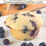 Sour cream blueberry muffins ready to eat. Text reads: sour cream blueberry muffins, seasonedsprinkles.com.