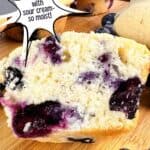 Sour cream blueberry muffins ready to eat. Text reads: blueberry muffins with sour cream - so moist, www.seasonedsprinkles.com.