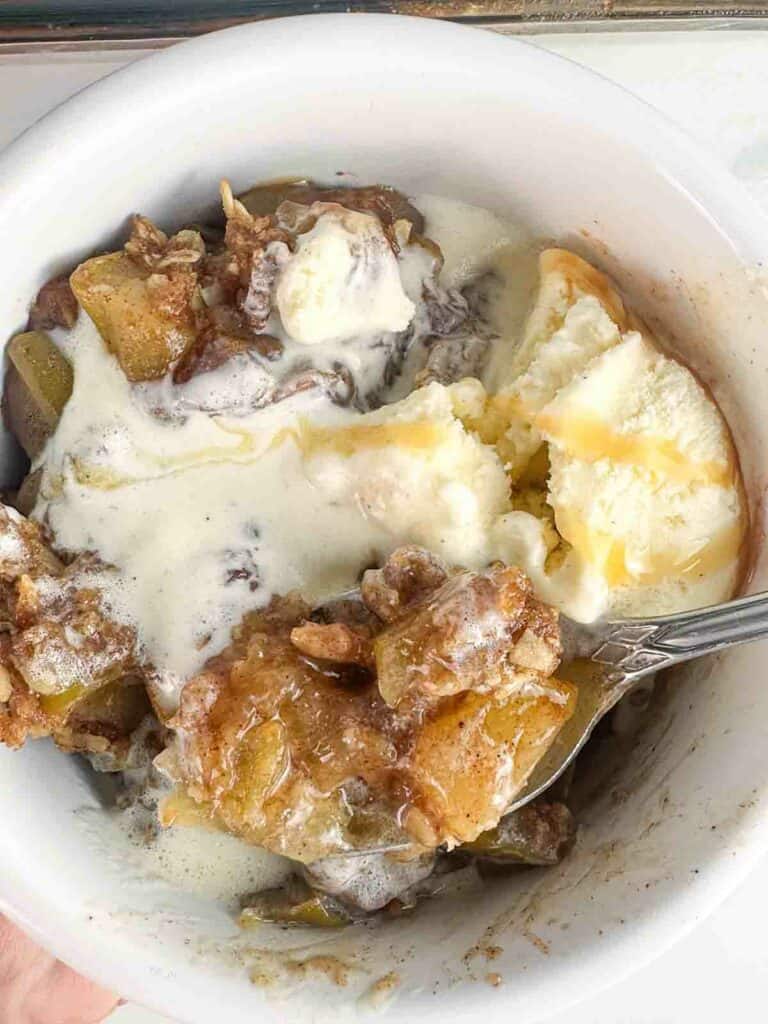 Bowl of apple crumble and ice cream.