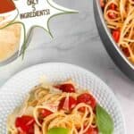 Cherry tomato pasta with basil and parmesan. Text reads: cherry tomato pasta, only 5 ingredients, seasonedsprinkles.com