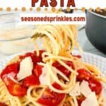 Cherry tomato pasta with basil and parmesan. Text reads: cherry tomato pasta, seasonedsprinkles.com
