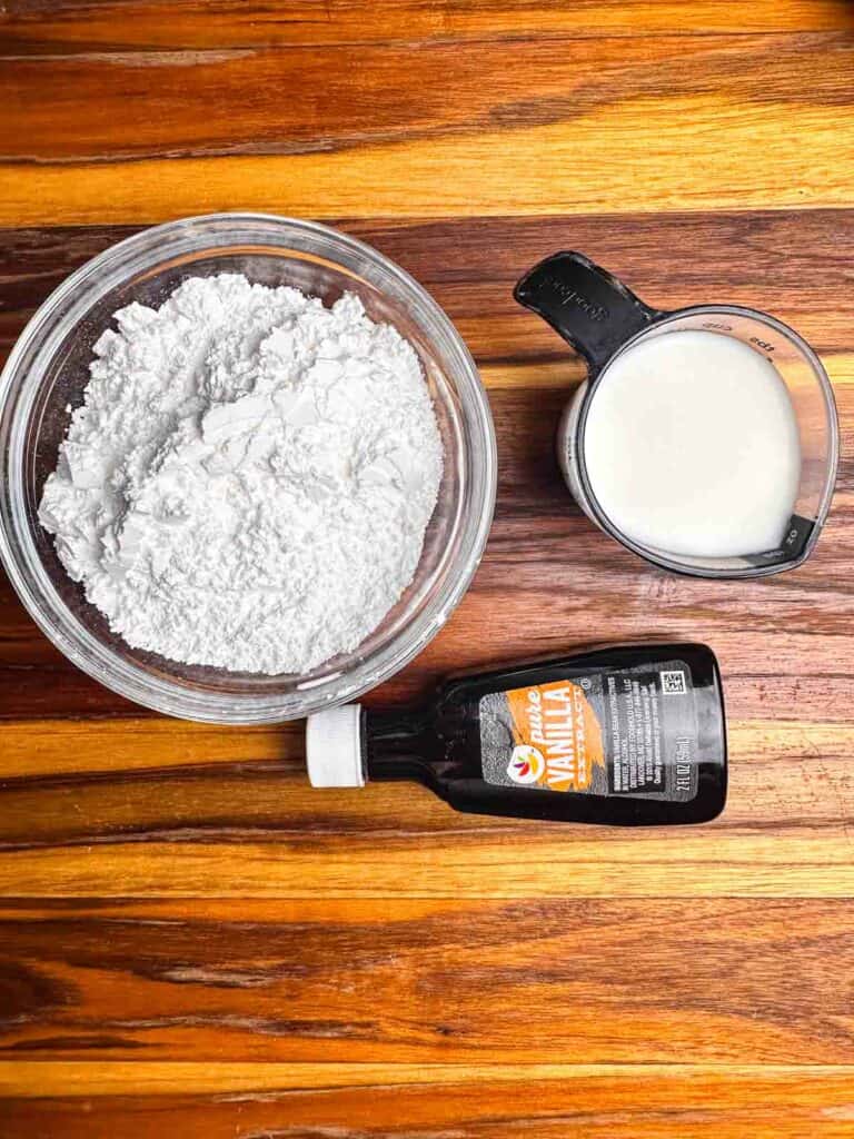 Ingredients for chai cookies' icing: powdered sugar, milk, and vanilla extract.