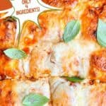 Ravioli lasagna. Text reads: easy ravioli lasagna, only 4 ingredients, www.seasonedsprinkles.com