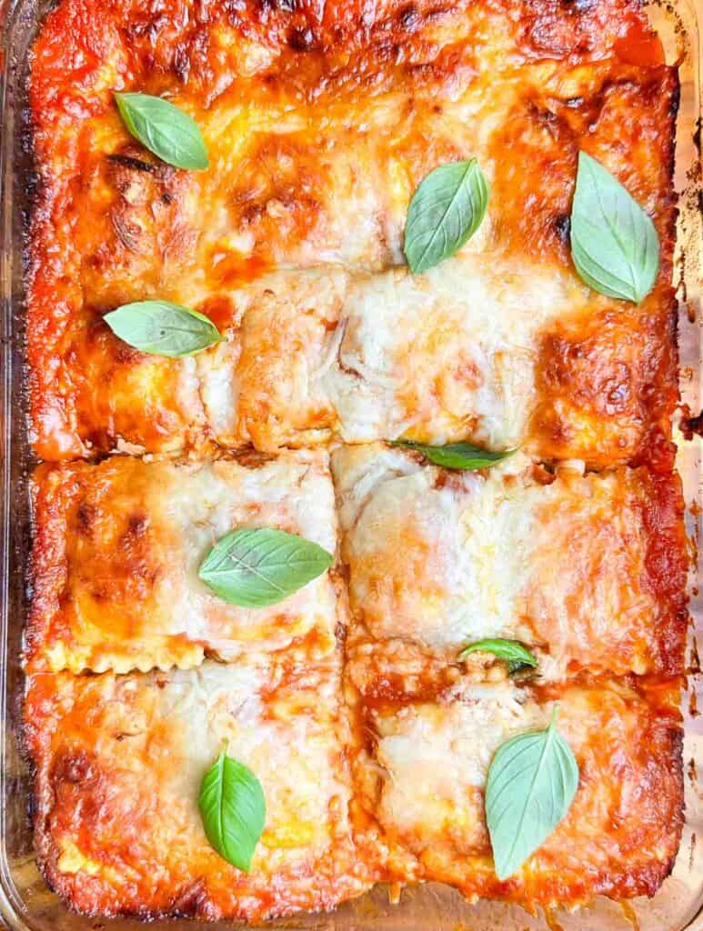 Ravioli lasagna cut into squares.