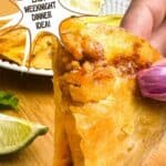 Dipping a chicken quesadilla into salsa. Text reads: ground chicken quesadillas, easy weeknight dinner idea, www.seasonedsprinkles.com