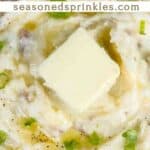 Mashed potatoes with butter and green onions on top. Text reads: red skinned mashed potatoes, seasonedsprinkles.com