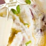 Mashed potatoes with butter and green onions on top. Text reads: mashed potatoes with red skinned potatoes, www.seasonedsprinkles.com