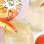 Peach sangria in wine glasses. Text reads: peach sangria, summer cocktail recipe, www.seasonedsprinkles.com