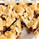 Apple pie with leaf pattern on top. Text reads: homemade apple pie, seasonedsprinkles.com