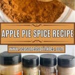 Homemade apple pie spice and ingredients to make it below. Text reads: apple pie spice recipe, www.seasonedsprinkles.com