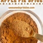 Homemade apple pie spice in a bowl and spoon. Text reads: homemade apple pie spice, seasonedsprinkles.com