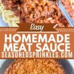 Homemade meat sauce lifted with a fork. Text reads: easy homemade meat sauce, seasonedsprinkles.com