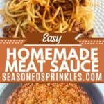 Homemade meat sauce lifted with a fork. Text reads: easy homemade meat sauce, seasonedsprinkles.com