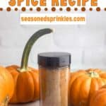 Pumpkin pie spice in a jar and spoon. Text reads: homemade pumpkin pie spice, seasonedsprinkles.com