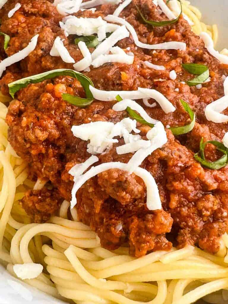 Homemade meat sauce with mozzarella cheese and basil leaves.