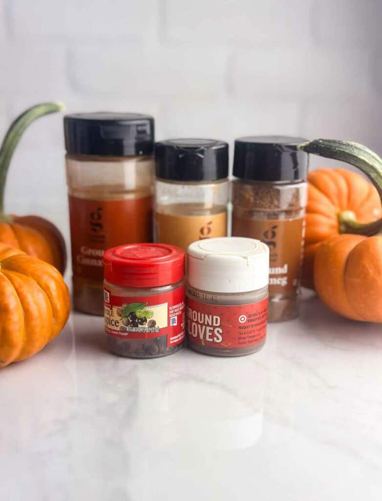 Ingredients for pumpkin pie spice blend: ground cloves, ground allspice, ground cinnamon, ground ginger, and ground nutmeg.