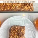 A photo of a slice of pumpkin praline cake set into a decorative text box reading "pumpkin praline cake recipe seasonedsprinkles.com"